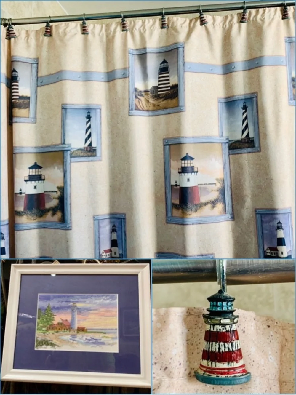 Lighthouse Nautical Shower Curtain & Lighthouse Hooks / Ornaments Bathroom Decor